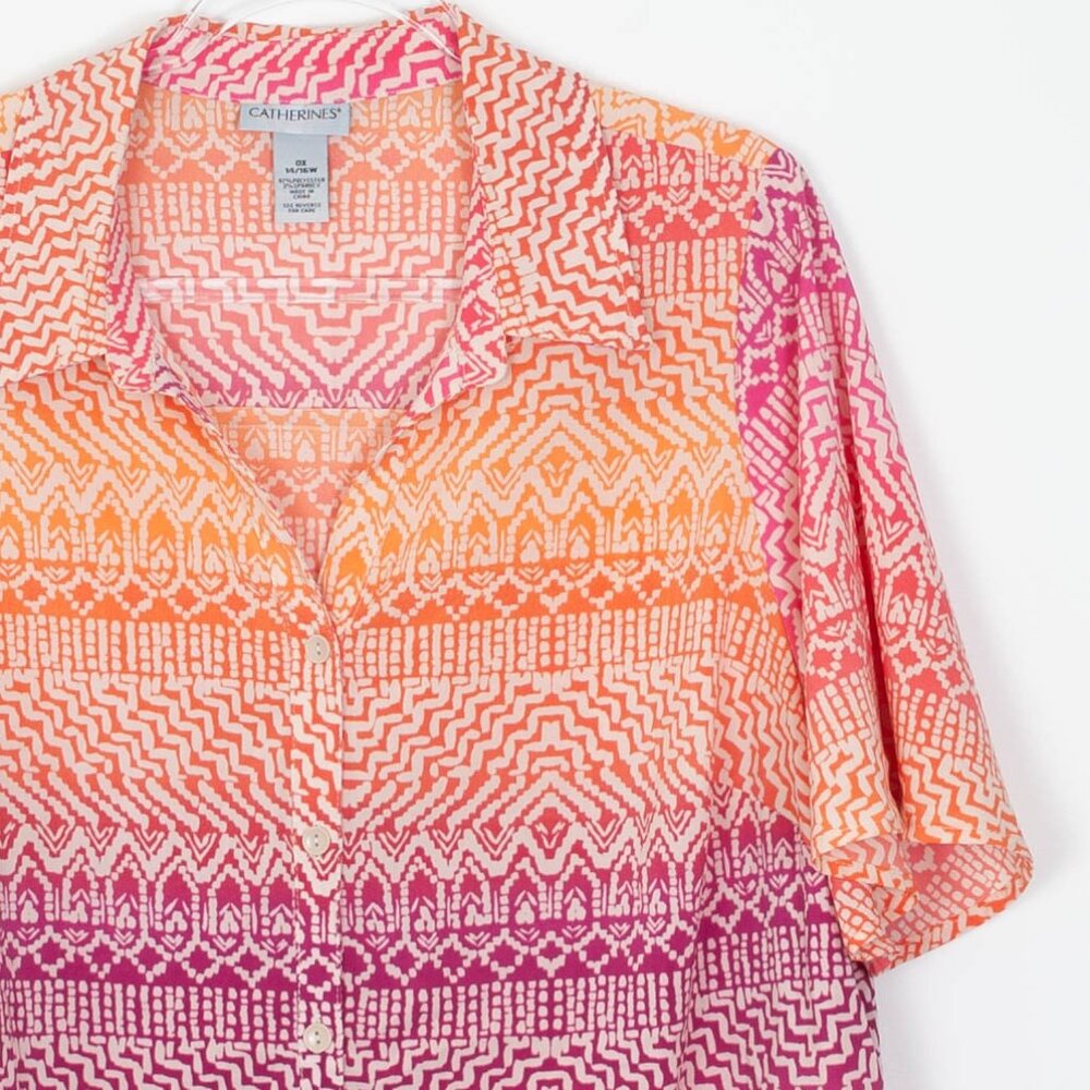Catherines Womens Aztec Print Button Short Sleeve Top‎ Size 0X Beachy Colorful - Picture 2 of 5
